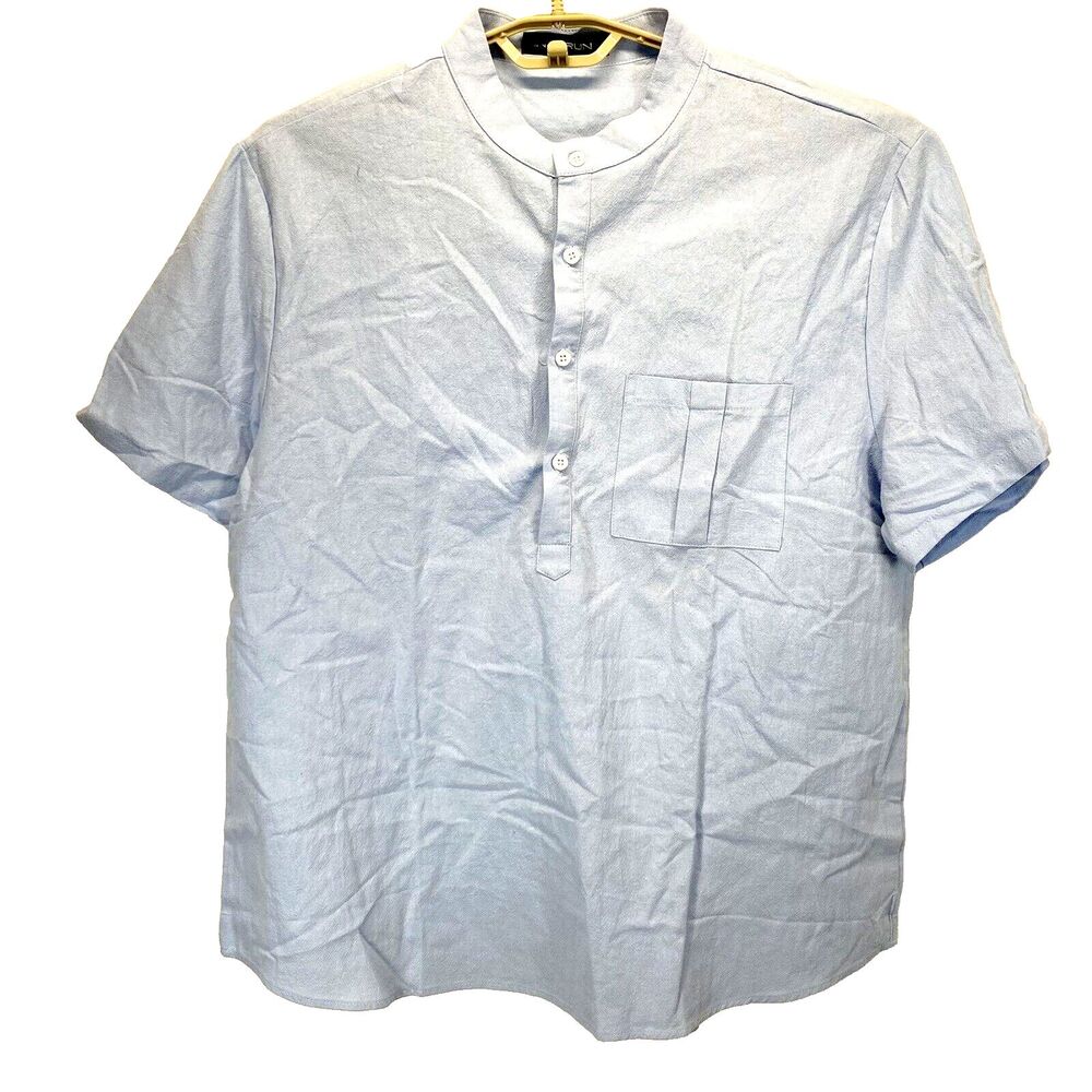 Incerun Men's Shirt Size XL Short Sleeve 100% Cotton 1/3 Button Up Stand Collar